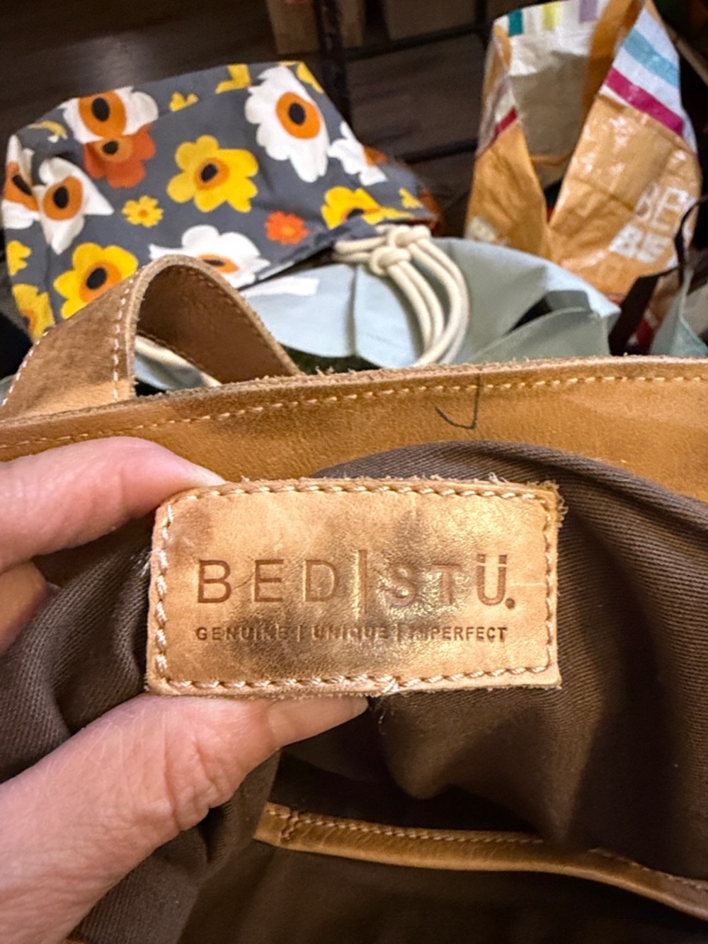 Tan Leather Tote Bag with Contrast Stitching